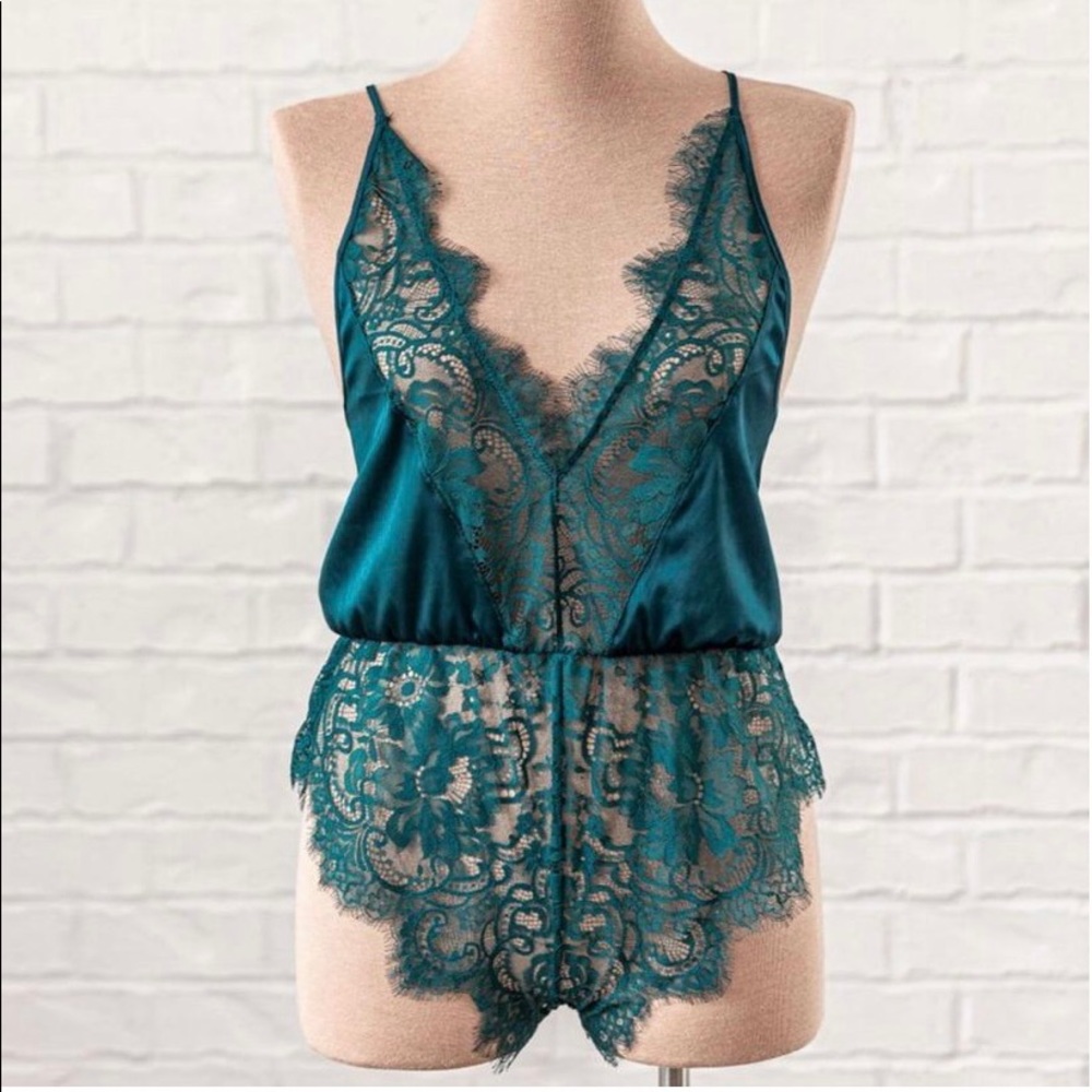 Teal Lace Satin Chemise Bodysuit - Elegant Intimates